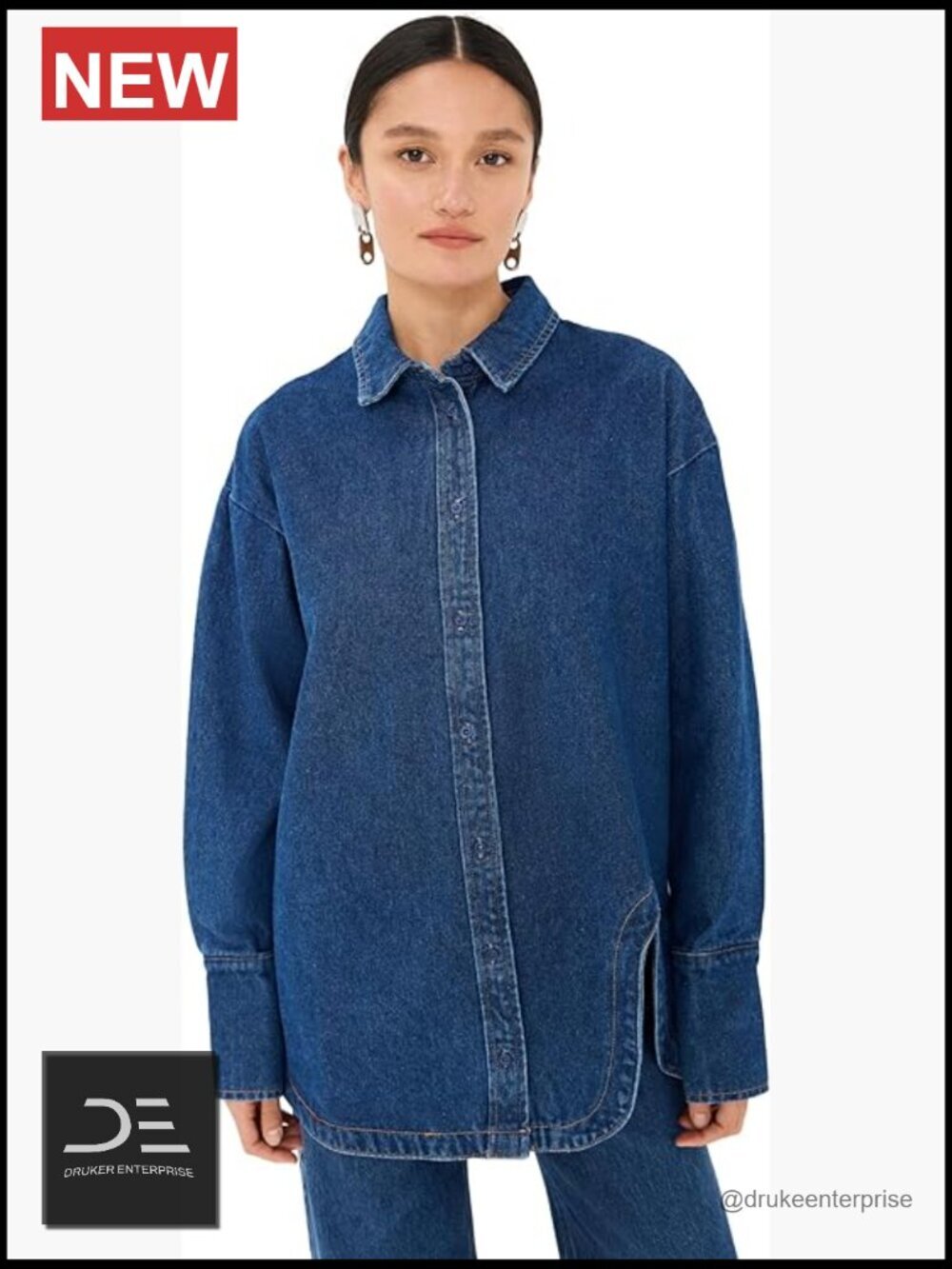 Lightweight Non-Stretch Denim Button-Down Shirt with Asymmetrical Hem